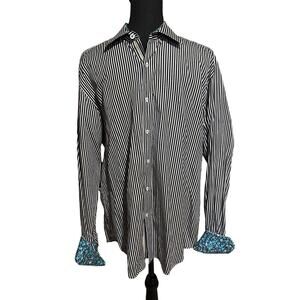 Bugatchi Black and White Stripe Contrast Cuff Men's Button Shirt Men's Large